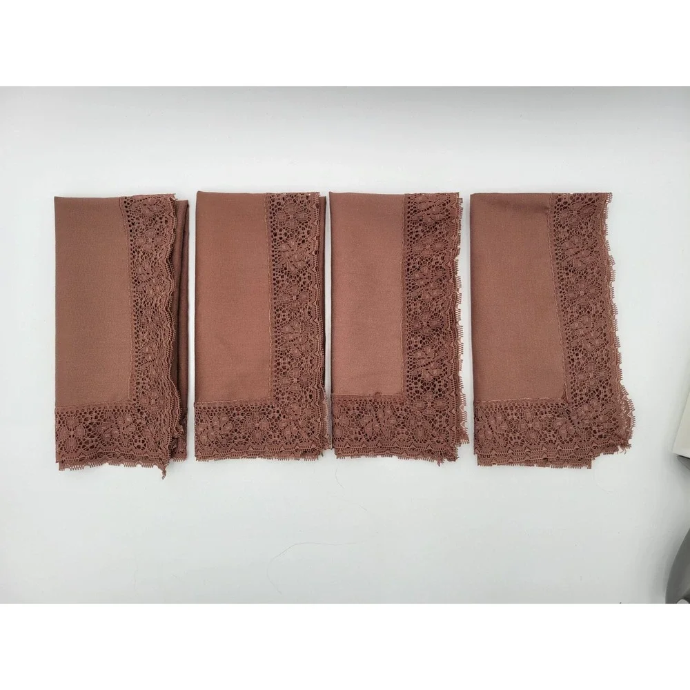 Vintage Brown Lace‎ Trim Edge Napkins Set Of 4 Handmade